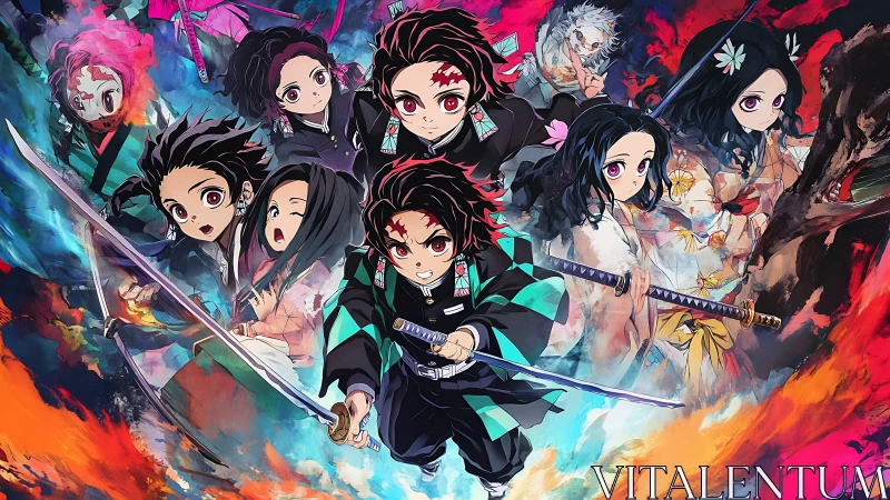 Anime swordsmen group with colorful elemental backdrop.