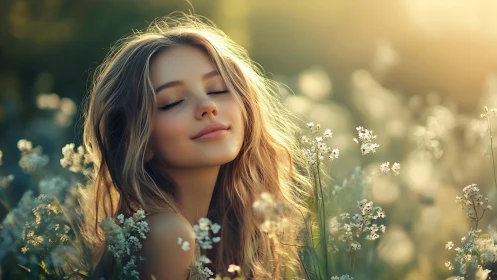 Serene young woman in sunlit wildflower meadow, dreamy soft focus.