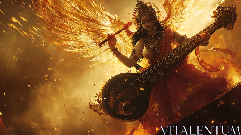 Flame-winged goddess strums celestial sitar of light.