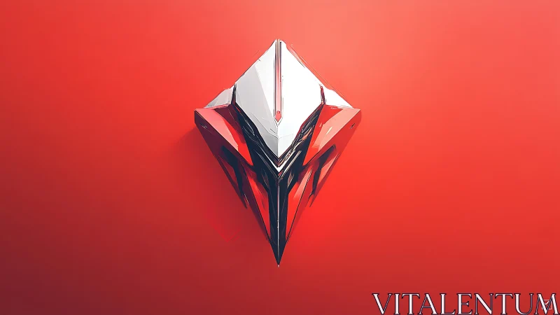 Futuristic chrome shard floats on vivid red backdrop.