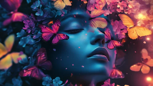 Neon-lit female visage immersed in luminous butterflies and floral bokeh