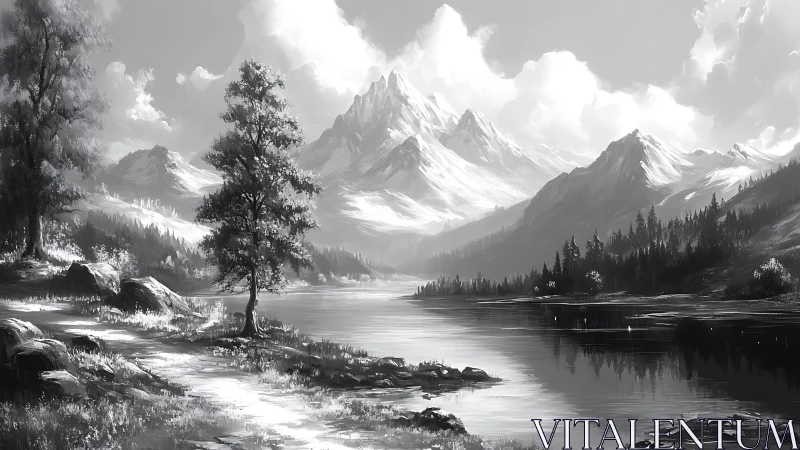 Snowcapped mountains rise above a tranquil reflective lake.