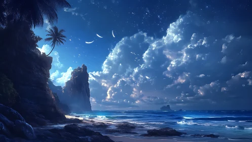 Tropical Cliffs Under Starlit Dusk Over Turbulent Sea.