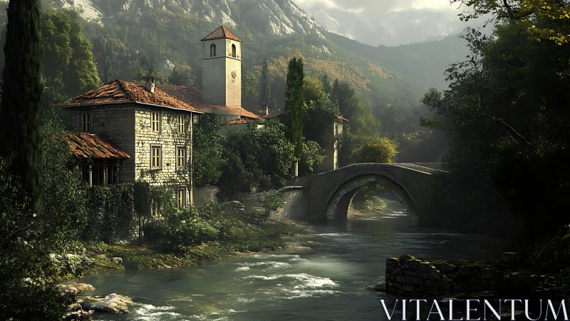 Riverside village bridge rests beneath misty mountain peaks.