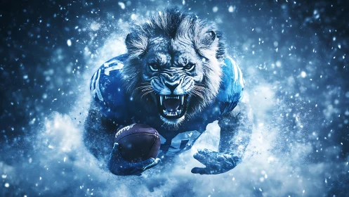 Roaring lion football warrior bursts through icy blizzard field.