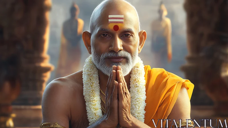 Gentle spiritual elder offering a heartfelt namaste greeting.