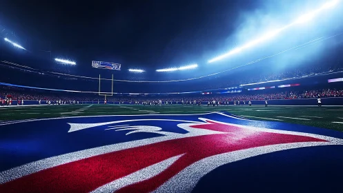 NFL stadium night view with glowing blue field logo