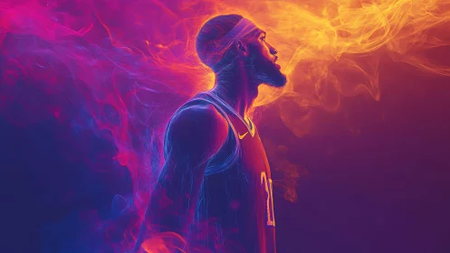 Fiery court energy surrounds a focused basketball player in motion