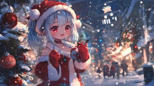 Anime girl in Santa outfit decorates snowy street tree at night