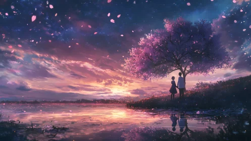 Two figures under pink tree by glowing lakeside sunset.