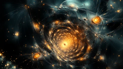Spiraling golden galaxies glow in a dreamy cosmic vortex sky