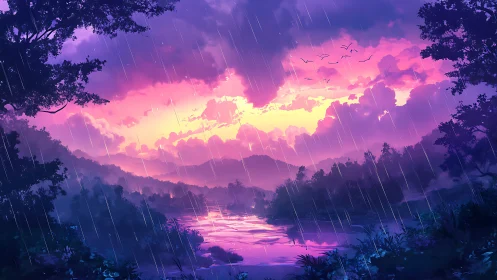 Neon rainstorm over twilight river in luminous wild valley.
