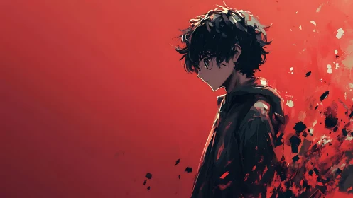 Side profile of dark-haired figure on red abstract field.