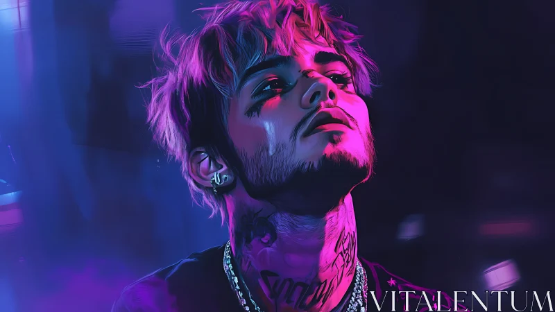 Neon-lit portrait of tattooed young man in magenta blue glow.