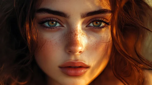 Close-up portrait of red-haired woman with intense gaze.