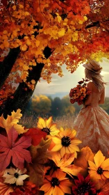 Autumn bride of maple fire wandering through golden hush.