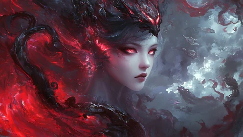 Dark ethereal female portrait with red energy forms.
