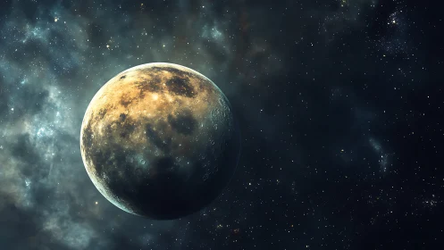 Luminous cratered moon drifting through velvet star hush.