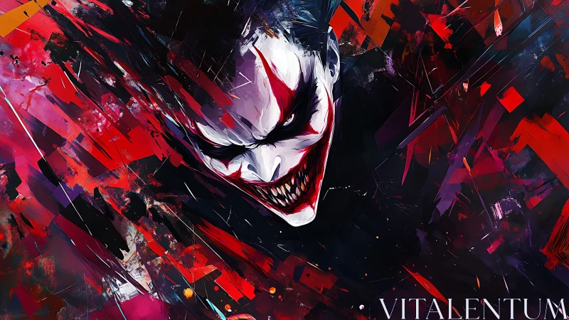 Sinister clown visage amid fractured crimson chaos.