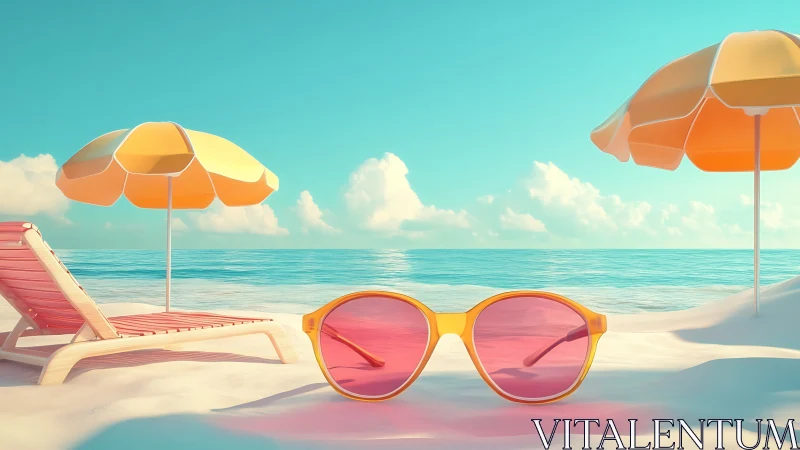 Yellow sunglasses on pastel beach under umbrellas.