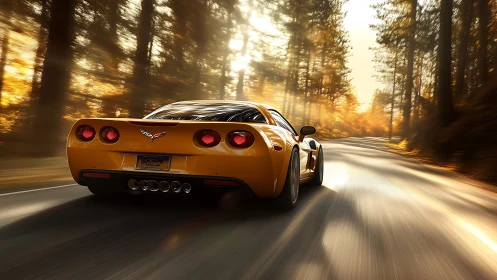 Golden sports coupé accelerating through sunlit forest road.