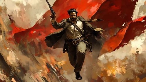 Gunfire rides the crimson storm as a lone wanderer charges