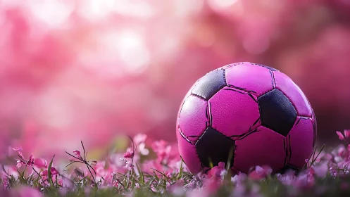 Pink daydream soccer ball resting in a blossom haze field.