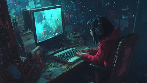 Solitary gamer in neon-lit room monitors virtual aquatic display