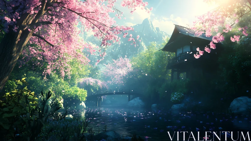 Cherry blossom riverside garden with bridge and pavilion.