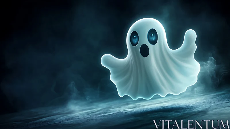 Cute glowing cartoon ghost floats in a misty blue void