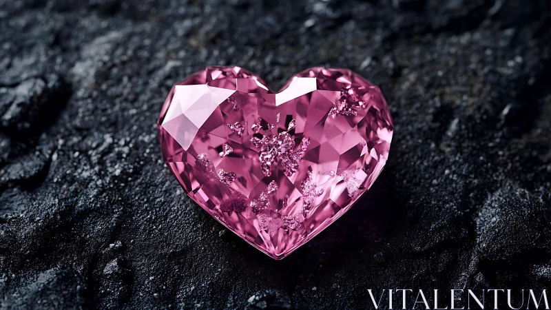Heart-cut pink gemstone rests on textured basalt surface
