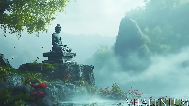 Serene Buddha statue above misty lake in lush valley.