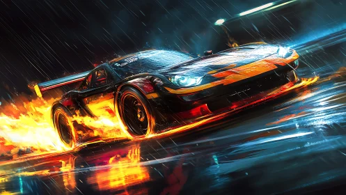 Racing car drifts through rain with stylized trailing flames