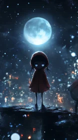 Girl in red hood stands under full moon above city lights.