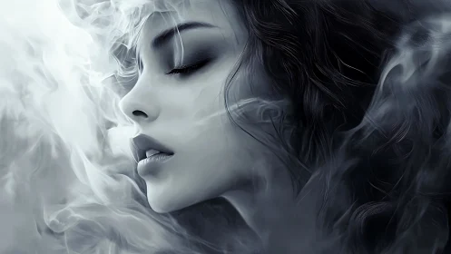 Smoke-kissed silence cradles a dreaming monochrome muse