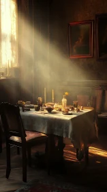 Golden morning rays illuminate an abandoned dining table still life