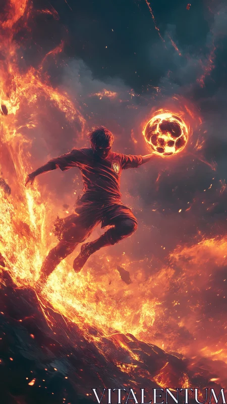 Flaming soccer hero leaps through a storm of swirling fire.
