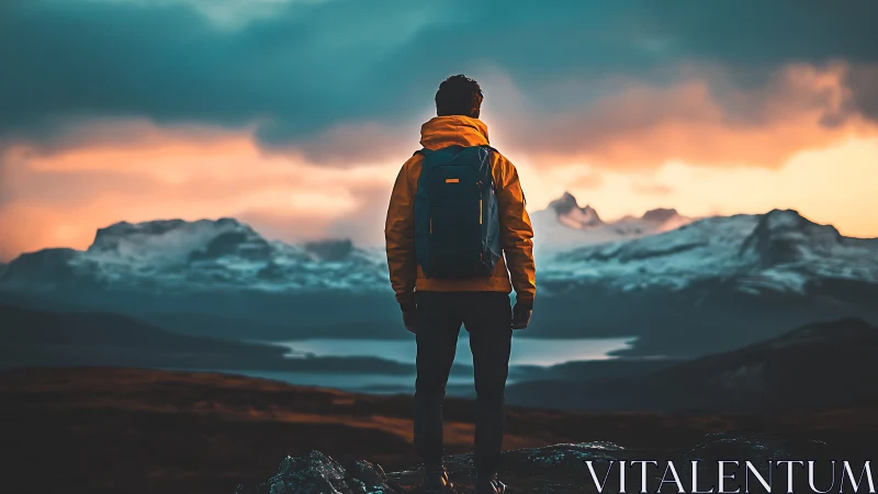 Backlit hiker studies snowcapped mountain range at sunset glow