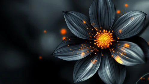 Digital macro bloom with dark petals and orange core.