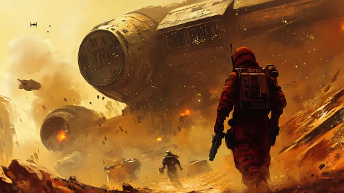 Stranded astronaut advances through burning wrecked starship canyon