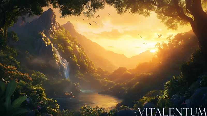 Luminous jungle valley at sunset with cascading waterfall.