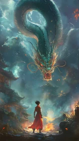 Storm-lit dragon coils above the lone red-clad challenger