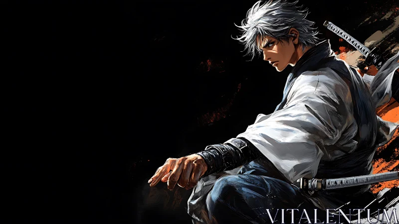 Dynamic anime swordsman rendered in high-contrast brushwork