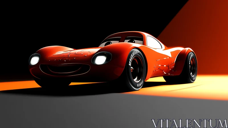 Smiling red racer drifting through bold studio light.