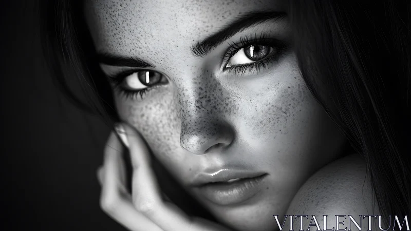 Photorealistic monochrome portrait with freckled close-up study.