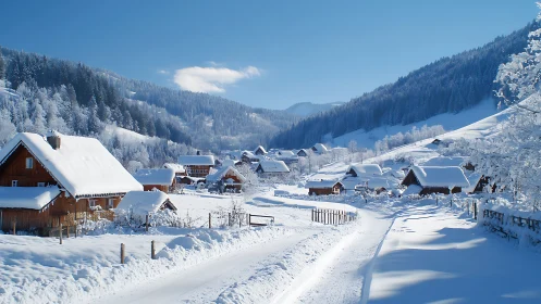 Cozy wooden village wrapped in soft winter snow and sunlight.