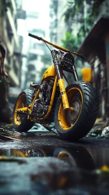 Custom yellow motorcycle parked on wet urban street.