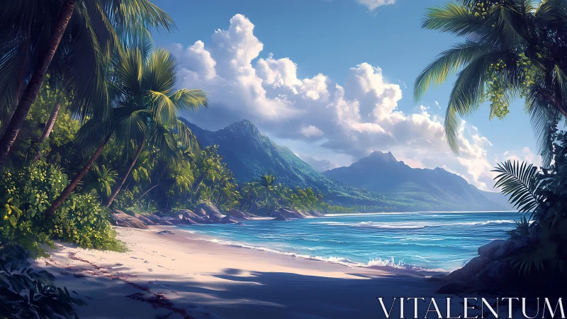 Tropical Paradise Beach with Mountain Vista.