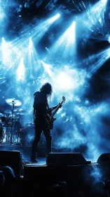 Silhouetted bassist commands stage under electric blue lights.
