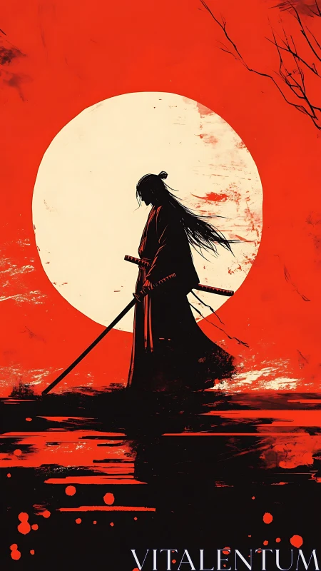Silhouetted samurai with dual swords before large white sun.